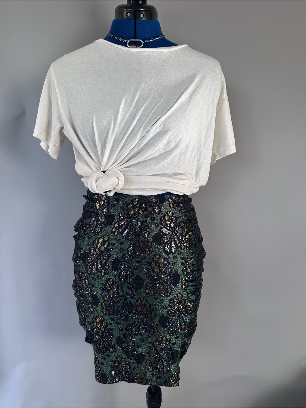 Vintage Metallic Embellished Lace Green Pencil Skirt